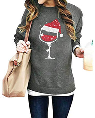 SUPEYA Women Red Wine Glass Christmas Sweatshirt Funny Christmas Pullover Xmas Santa Hat Graphic Blouse Tshirt Tops