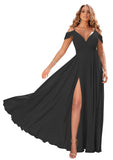 Black Women's Off Shoulder Bridesmaid Dresses Long Chiffon Formal Dress with Slit - Clothfun