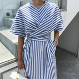 Women Dresses Summer Casual Blue Striped Bandage Split Long Dress | Original Brand | Women's Casual Dresses