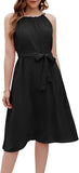 Black Elegant Halter Neck Dress Loose Fit Ruffles Midi A-Line Swing Dresses with Belt - GRACE KARIN | Women's Casual Dresses