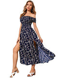 Blue Women's Boho Floral Print Off Shoulder Split Long A Line Dress - Floerns | Women's Formal Dresses
