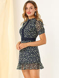 Women's Dots Fit and Flare Ruffle Hem Floral Lace Inset Mini Dress