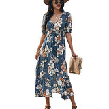 Women's Summer Short Sleeve V-Neck Floral Casual Maxi Long Dress Beach Boho Style