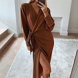 Womens Knit Sweater Dress Casual Solid Long Sleeve Wrap Maxi Dresses with Belt