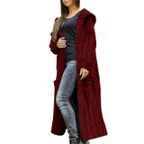 Red Womens Casual Long Sleeve Open Cardigan Warm Hooded Outwear Coat Cable Knit Long Cardigan Sweaters with Pockets - NIUBIA | Women's Cardigan