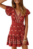 Women’s Summer Wrap V Neck Bohemian Floral Print Ruffle Swing A Line Beach Mini Dress