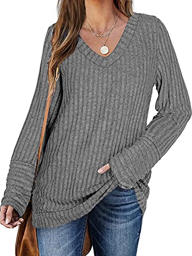 Hount Women's Long Sleeve Sweater V Neck Solid Color Casual Pullover Tops
