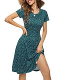 Green Polka Dot Spring/Summer Casual Women Short Sleeve Round Neck A Line Fit and Flare Midi Skater Dress - HUHOT | Women's Casual Dresses