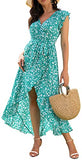 Cherryblossom Green Women's Summer Floral Print Cross V Neck Dress Bohemian Flowy Long Maxi Dresses - GRECERELLE | Women's Casual Dresses