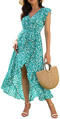 Cherryblossom Green  Women's Summer Floral Print Cross V Neck Dress Bohemian Flowy Long Maxi Dresses - GRECERELLE