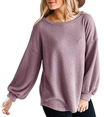 MEROKEETY Womens Long Balloon Sleeve Waffle Knit Tops Crew Neck Oversized Sweater Pullover