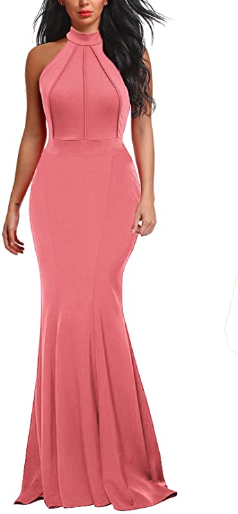 Pink Women's Elegant Chic Halter Neck Sleeveless Solid Stretchy Wedding Guest Mermaid Long Evening Dress - Berydress | Women's Formal Dresses