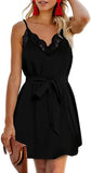 Lace Black Women Summer Spaghetti Strap Button Down V Neck Sleeveless Casual Mini Dress - AlvaQ | Women's Cocktail Dresses