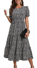 Black Summer Midi Dress Floral Print Boho Dress Ruffle Puff Sleeve High Waist A-Line Casual Boho Cocktail Holiday Beach Long Dress - GRECERELLE