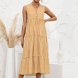 Summer Dresses for Women, Ladies's Fashion Summer Sleeveless Stripe Print Casual Dress V-Neck Button Dress Party UK Size | Women's Work Dresses