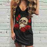 Women Summer Sleeveless Rose Skull Print O-Neck Knee-Length Dress UK Size Party Elegant Dress Sale