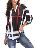 Women Roll-Up 4-Mar Sleeve Plaid Shirt Tunic V Neck Casual Pullover Blouses Tops | Women's Tops and Blouses