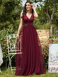 Women's Elegant Double V Neck Appliqued Sequin Tulle Maxi Formal Dress  - Sara Clothes