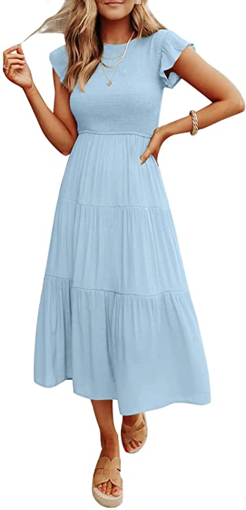 Blue Women's Summer Casual Flutter Short Sleeve Crew Neck Smocked Elastic Waist Tiered Midi Dress - ZESICA | Women's Casual Dresses