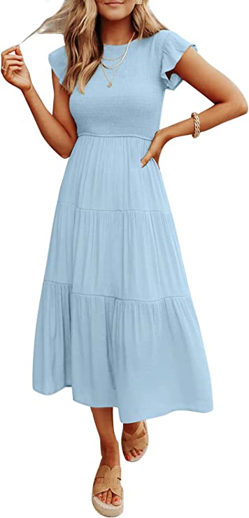 Light Blue Women's Summer Casual Flutter Short Sleeve Crew Neck Smocked Elastic Waist Tiered Midi Dress - ZESICA | Women's Casual Dresses