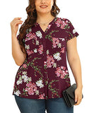F Wine Red Women's Plus Size Short Sleeve Shirt Button Down V Neck Tops Casual Blouses with Procket - TIANZHU | Women's Tops and Blouses
