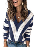 Color Block Striped V Neck Sweater for Women Long Sleeve Knit Pullover Jumper Tops