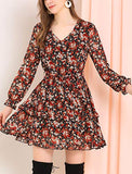 Women's Floral V Neck Long Sleeve Tie Waist Layered Ruffle Hem Dress