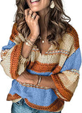 Womens Sweaters Long Sleeve V Neck Striped Color Block Pullover Casual Loose Knitted Tops | Women's Sweaters