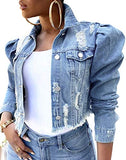 PICK YOUR LOOK Women's Denim Jean Jacket, Long Puff Sleeve Short Cropped Button Down | Women's Coat & Jacket