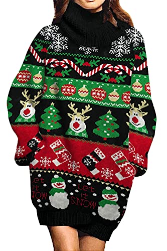 Jumppmile Womens Ugly Christmas Xmas Oversize Turtleneck Pullover Sweater Dress with Pockets