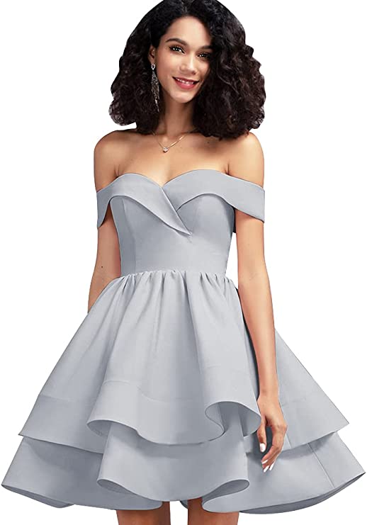Silver Off Shoulder Short Prom Dress Satin Homecoming Dresses for Teens A Line Cocktail Party Gowns Mini Dress - Homdor | Women's Cocktail Dresses