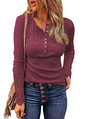 BTFBM Women Long Sleeve V Neck Button Up Solid Tops Blouses Trendy Slim Fit Lace Sleeves Ribbed Knit Casual Shirts Tunic (Lace Wine Red, Medium) | Women's Casual Dresses