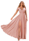 Dusty Rose Women's Off Shoulder Bridesmaid Dresses Long Chiffon Formal Dress with Slit - Clothfun | Women's Cocktail Dresses