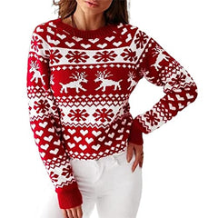 ZAFUL Women's Christmas Reindeer Xmas Snowflake Patterns Knitted Sweater Long Sleeve Elk Floral Printed Pullover