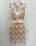 Women's Glitter Sexy Deep V Neck Sequin Beaded Halter Bodycon Mini Nightclub Party Dress