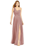 Dusty Mauve One Shoulder Chiffon Bridesmaid Dresses with Slit Maxi Long Formal Dresses for Women Party - XYAYE | Women's Formal Dresses