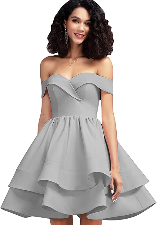 Grey Off Shoulder Short Prom Dress Satin Homecoming Dresses for Teens A Line Cocktail Party Gowns Mini Dress - Homdor | Women's Cocktail Dresses