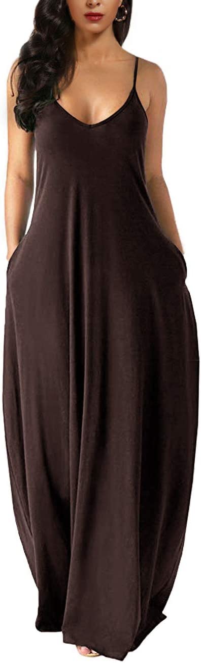 Dark Brown Womens Casual Sleeveless Plus Size Loose Plain Long Maxi Dress with Pockets - Wolddress | Women's Casual Dresses