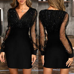 Sexy Sequins Dresses For Women,  V Neck Long Sleeve Layered Retro Dress Lightweight Comfy Night Party Gowns