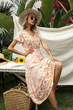 Womens Summer Floral Print V Neck Drawstring Tiered Ruffle Elegant A-Line Dress