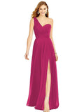 Fuchsia One Shoulder Chiffon Bridesmaid Dresses with Slit Maxi Long Formal Dresses for Women Party - XYAYE | Women's Formal Dresses