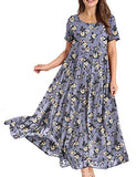 Light Purple Dresses Casual Plus Size Bohemian Short Sleeve Floral Long Maxi Summer Beach Swing Dress/Pockets - YESNO | Women's Casual Dresses