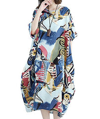 YESNO Women Long Maxi Baggy Dress Casual Plus Size Cover up Lagenlook 'Pop Art' Oil Painting Like with Pockets F01