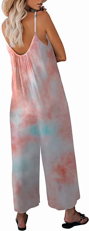 Tie Dye Y Casual Sleeveless Strap Loose Adjustable Jumpsuits Stretchy Long Pants Romper with Pockets - SNUGWIND | Women's Romper & Jumper Suit