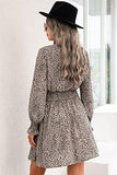 Women's Leopard Mini Dress Long Sleeve V Neck Elastic High Waist Chiffon Swing A-Line Dresses