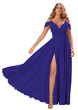 Royal Blue Women's Off Shoulder Bridesmaid Dresses Long Chiffon Formal Dress with Slit - Clothfun | Women's Cocktail Dresses