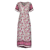 Maxi Dress Womens Short Sleeve V Neck Boho Dress Pleated Beach Bohemia Dress Elegent Party Dress | Women's Work Dresses