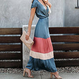 Summer Dresses for Women, Ladies Sexy Deep V-Neck Splicing Short Sleeve Drawstring Long Dresses Party UK Size | Women's Work Dresses