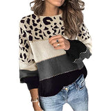 Sweaters Leopard Color Block Long Sleeve Pullover Blouse Crew Neck Casual Loose Tops