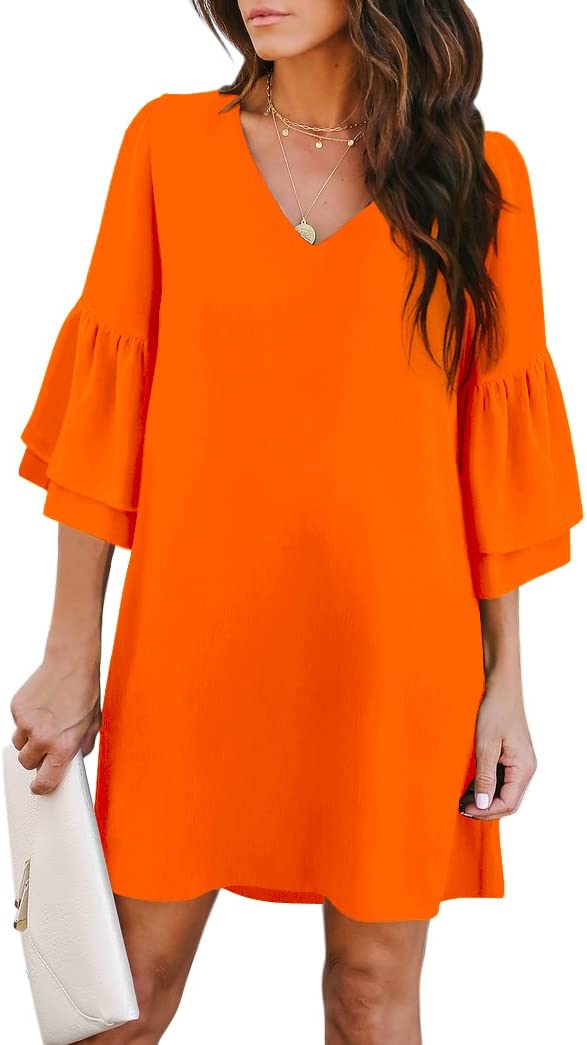 Orange Women's Dress Sweet & Cute V-Neck Bell Sleeve Shift Dress Mini Dress - BELONGSCI | Women's Casual Dresses